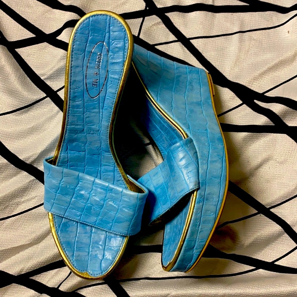 Italian Leather Baby Blue Gold Platforms